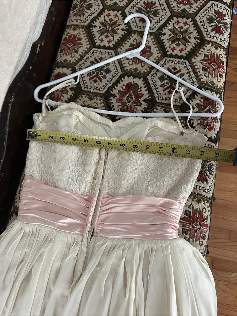 Vintage Ivory Lace Bodice Strapless Dress with Pink Satin Waist - Picture 9 of 10